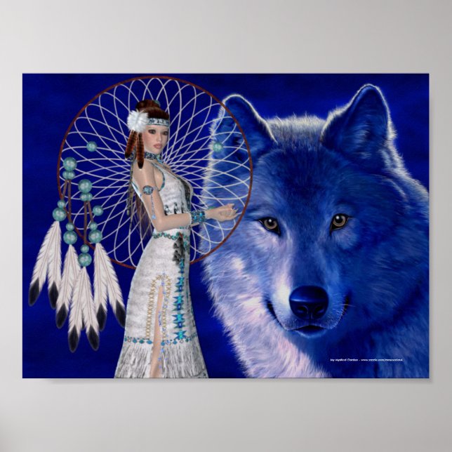 Nativo Americano Mulher e Poster de Lobo Azul (Frente)