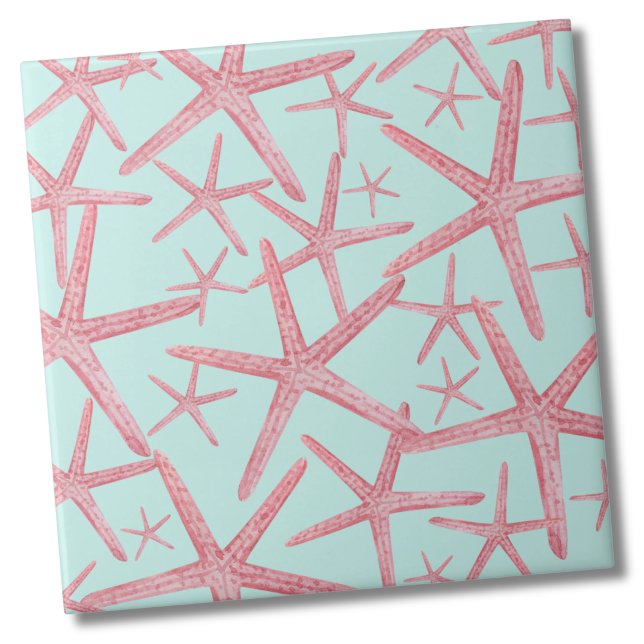Náutica - Starfish House (Teal Pink Nautical Starfish Sea Beach Pattern Ceramic Tile)