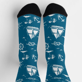 Nautical Paradise: Blue Sailing Boat & Palm Socks