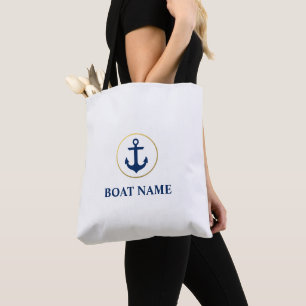 Náutico Azul Dourado Anchor Boat Name White Bolsa