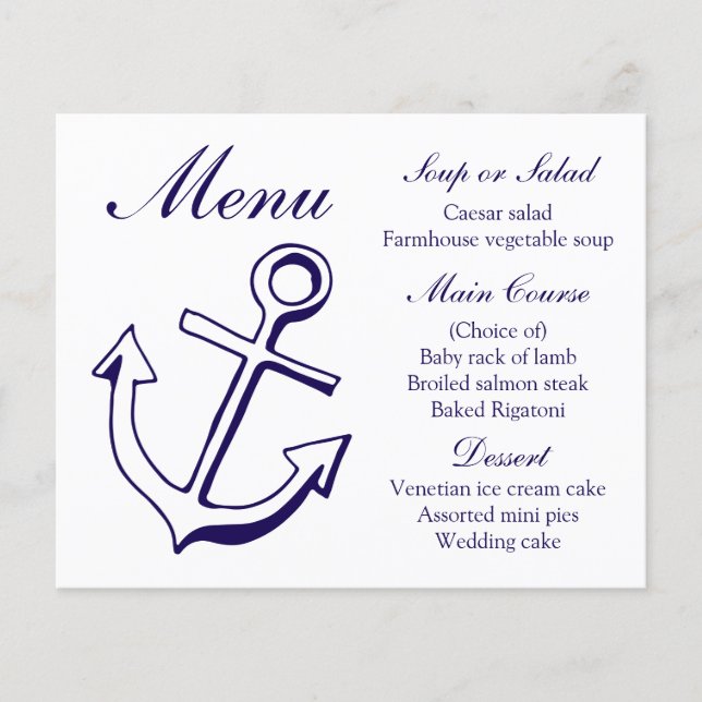 Náutico Menu Navio Marinho Ancorar Casamento Azul (Frente)