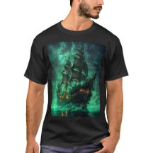 navio pirata na camiseta do mar escuro