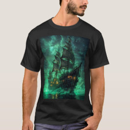 navio pirata na camiseta do mar escuro