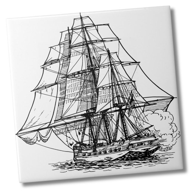 Navio simples de pirata náutica (Simple Black White Nautical Sail Boat Pirate Ship Ceramic Tile)