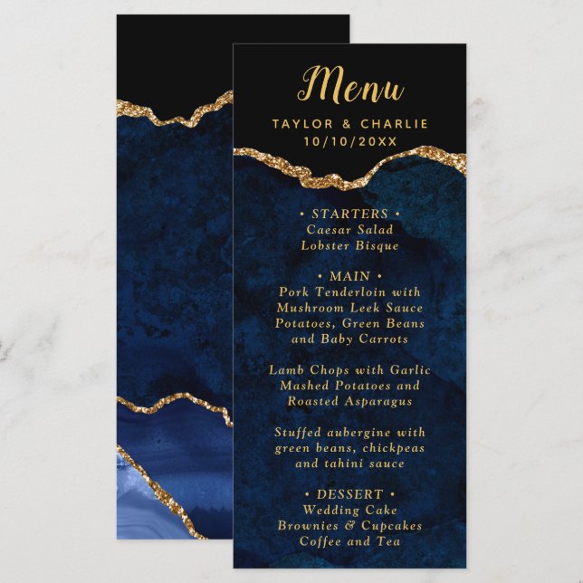 Navy Blue and Gold Agate Wedding Menu (Frente/Verso)