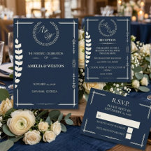 Navy Blue and Ivory Elegant Formal Wedding RSVP