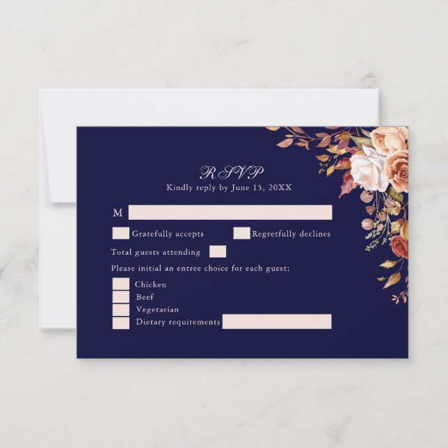 Navy Blue Burnt Orange Floral Wedding RSVP Card (Frente)