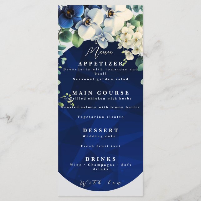 Navy Blue Floral Wedding Menu (Frente)