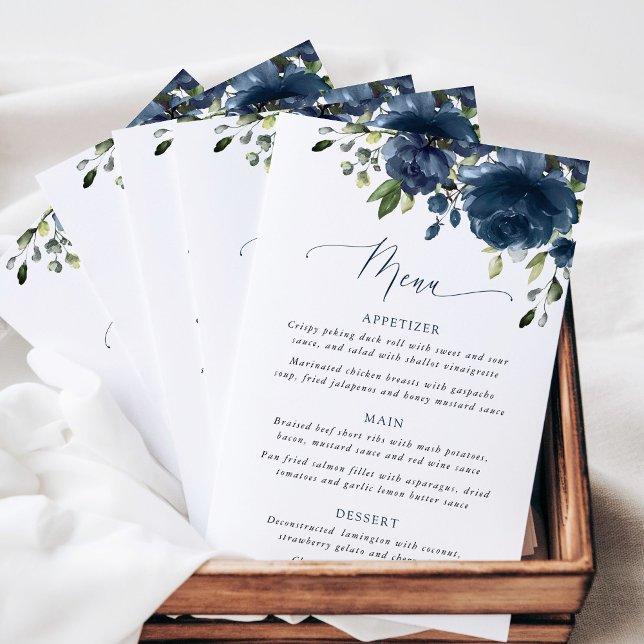 Navy Blue Flowers, Greenery, Boho, Wedding Menu (Criador carregado)