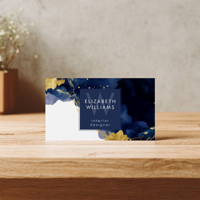 Navy Blue Gold Abstract Monogram Business Card (Criador carregado)