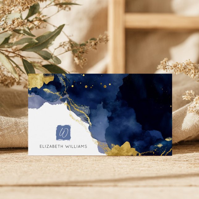Navy Blue Gold Abstract Monogram Business Card (Criador carregado)