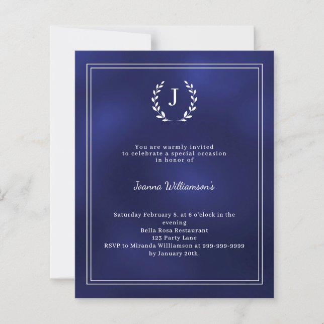 Navy blue monogram wreath age-neutral invitation (Frente)