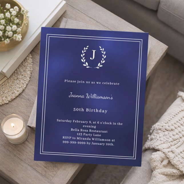 Navy blue monogram wreath birthday invitation (Criador carregado)