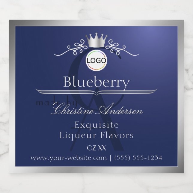 Navy Blue Product Label Silver Frame Logo Monogram (Rótulo Único)