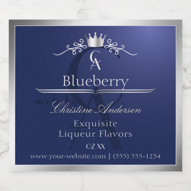 Navy Blue Product Label with Silver Frame Monogram (Rótulo Único)