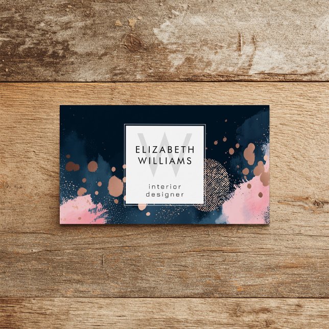 Navy Blue Rose Gold Monogram Business Card (Criador carregado)