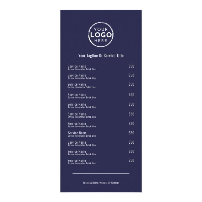 Navy Blue Services Menu Rack Card (Frente)