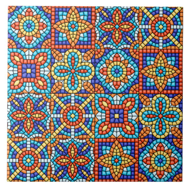 Navy Blue Teal White Red Marble Moroccan Mosaic  (Frente)