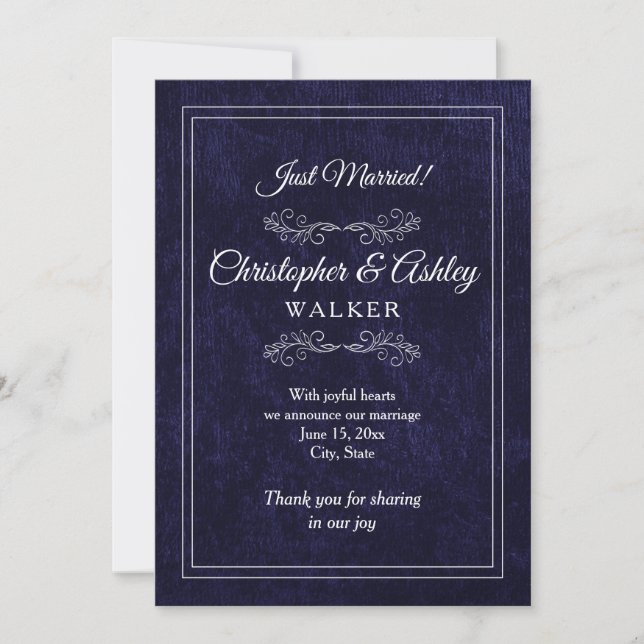 Navy Blue White 2 Sided Photo Wedding Announcement (Frente)