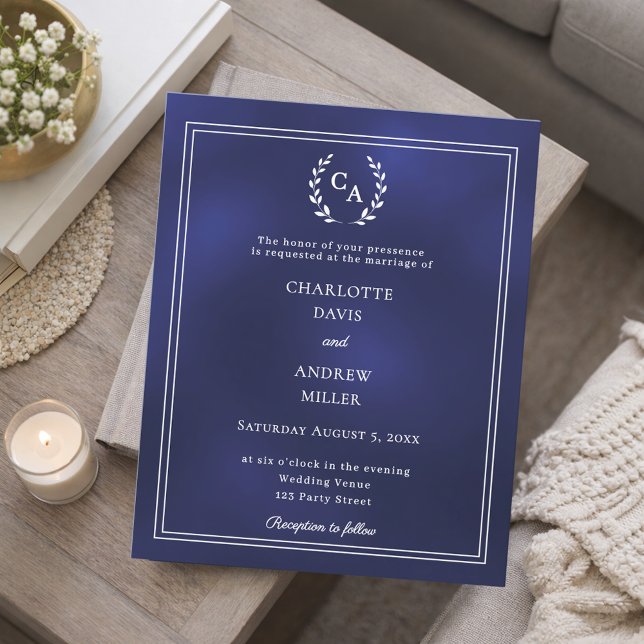 Navy blue wreath monogram wedding invitation (Criador carregado)