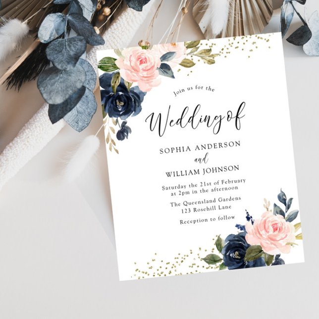 Navy & Blush Floral Budget Wedding Invitation (Criador carregado)