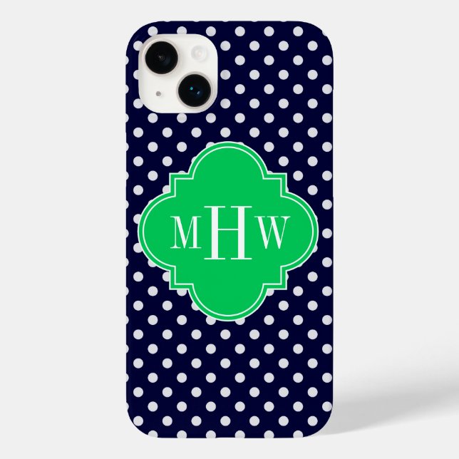 Navy Branco Bolinhas Esmeralda Quatrefoil 3 Monogr (Verso)