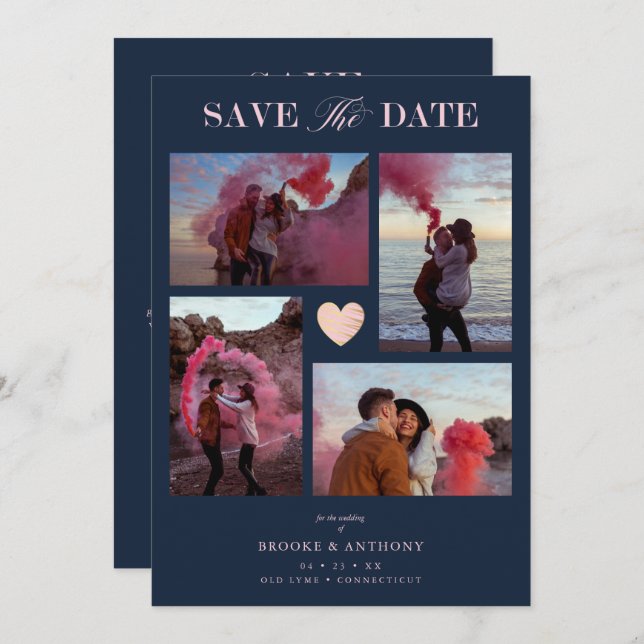 Navy Collage Wedding Pink Heart 4 Photos Covid19 (Frente/Verso)