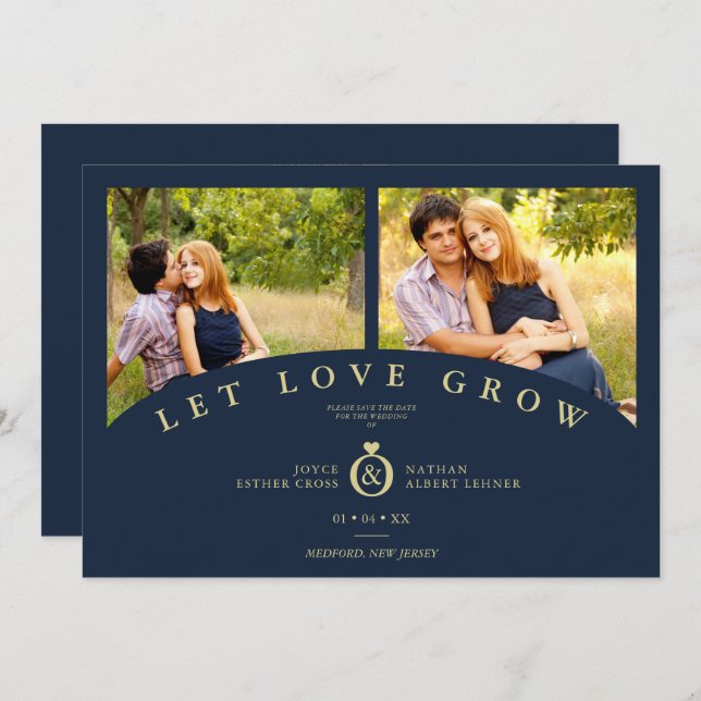 Navy Gold Elegant 2 Photos let Love Grow Wedding (Frente/Verso)