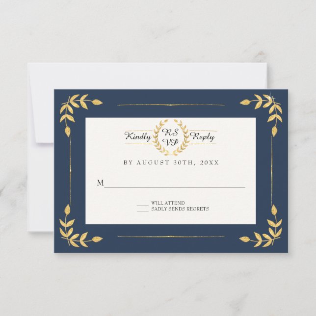 Navy Gold RSVP Modern Laurel Leaf Wreath Foliage (Frente)