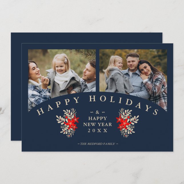 Navy Golden Effect Elegant 2 Photos Christmas (Frente/Verso)