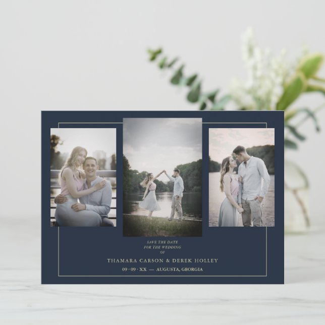 Navy Modern Gold 3 Photos Sophisticated Wedding (Em pé/Frente)