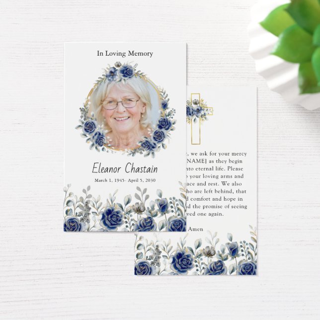Navy Rose Floral Gold Photo Sympathy Prayer Cards (Mesa)
