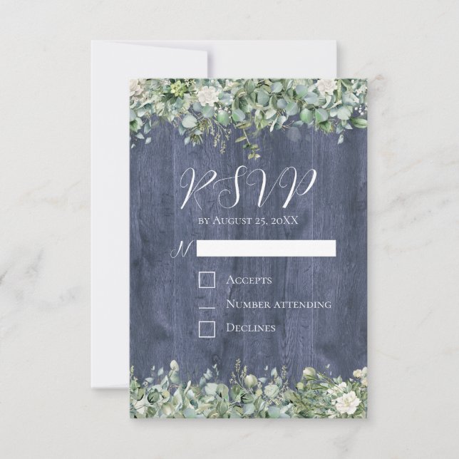 Navy Wood Eucalyptus Wedding RSVP Card | Rustic (Frente)