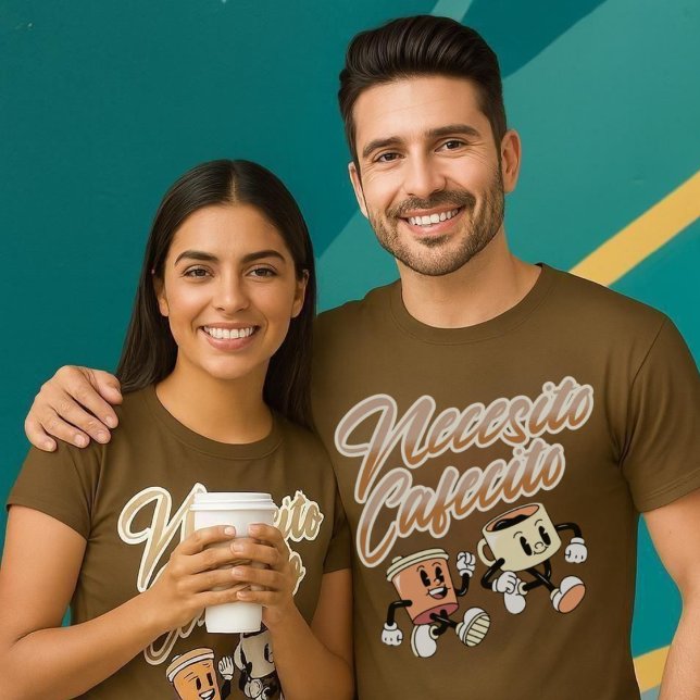 Necesito Cafecito Vintage Camisa Café Espanhola (Necesito Cafecito Vintage Spanish Coffee Shirt close up.)