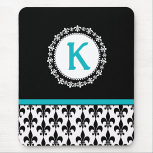 Negra Aqua Monograma Fleur de Lis Mousepad