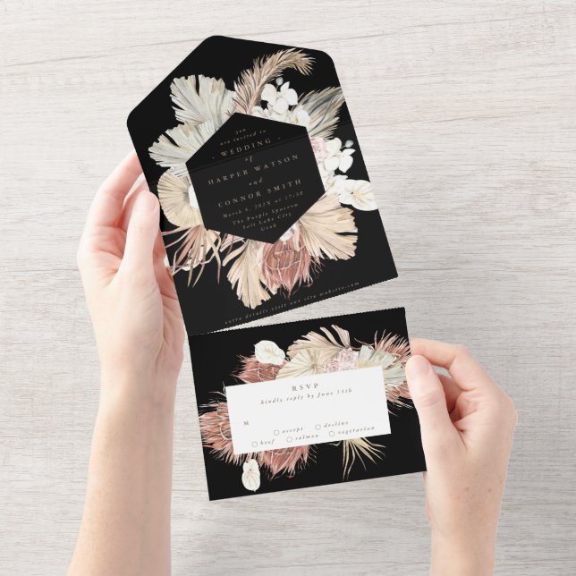 Negra Pampas Boho Deserto Floral Al (Aba destacável)