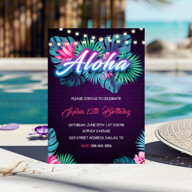 Neon Aloha Aniversário Convite (Criador carregado)