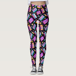 Neon & Black Trendy anos 80 Cassette Music Legging