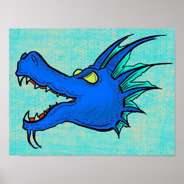 Neon blue dragon art head poster (Frente)