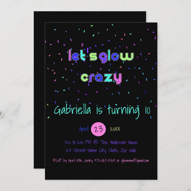 Neon Brilha No Convite de aniversário Escuro (Frente/Verso)