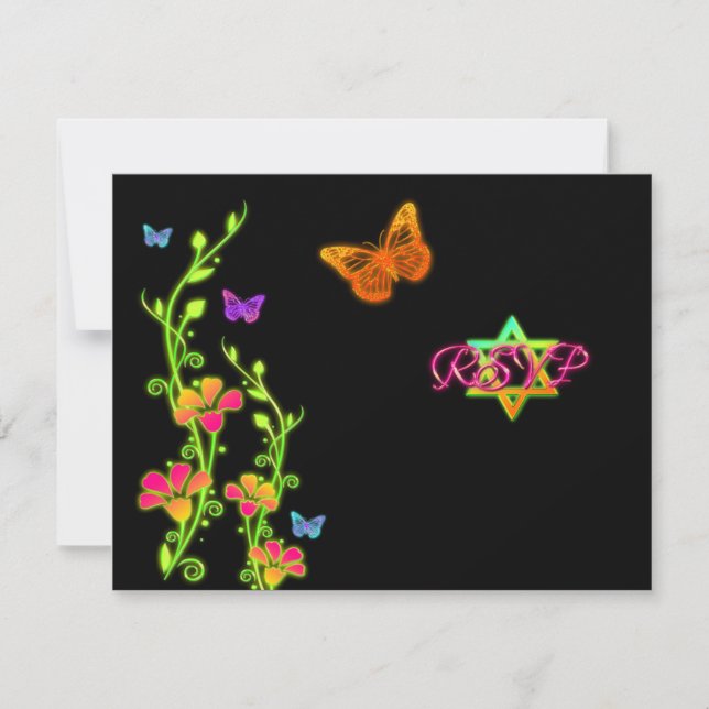 Neon Butterflies & Flowers Bat Mitzvah RSVP Card (Frente)