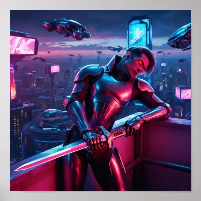Neon Cyber Warrior Poster - Futurística Sci-Fi (Frente)