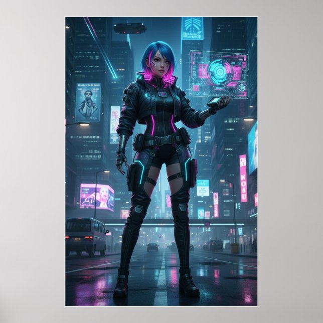 Neon Cyberpunk Operative – Futuristic City Poster  (Frente)