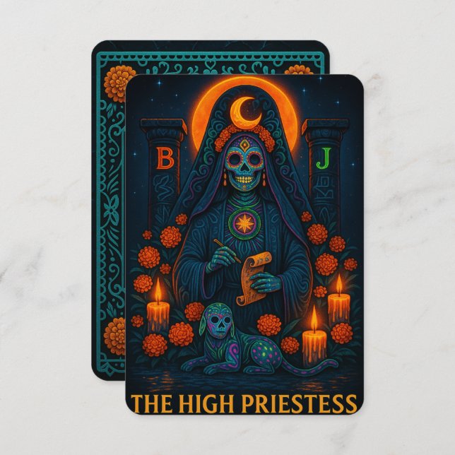Neon Dia de los Muertes High Priestess Tarot Card (Frente/Verso)
