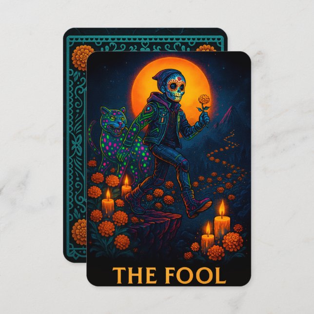 Neon Dia de los Muertos The Fool Tarot Card (Frente/Verso)