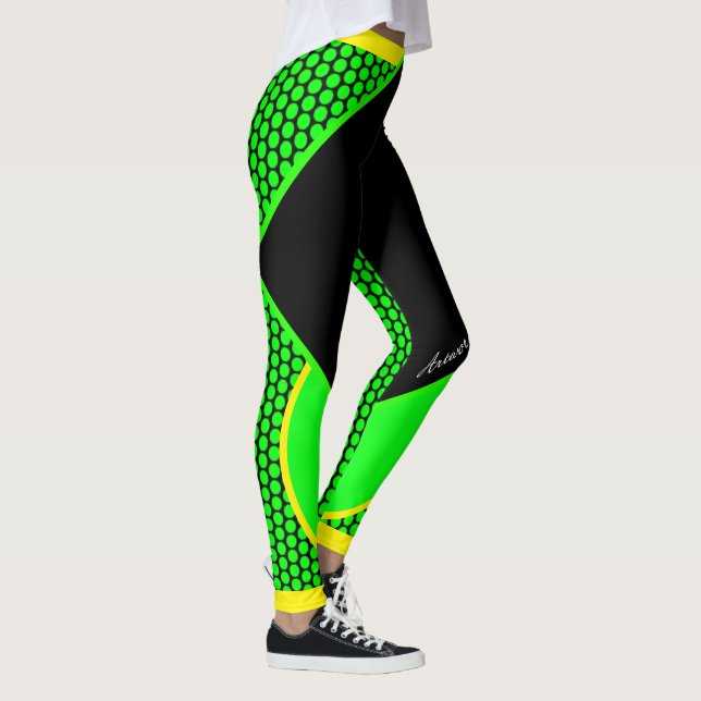 Neon Gelb Schwarz Grüne Punkte Streifen Leggings (Direita)