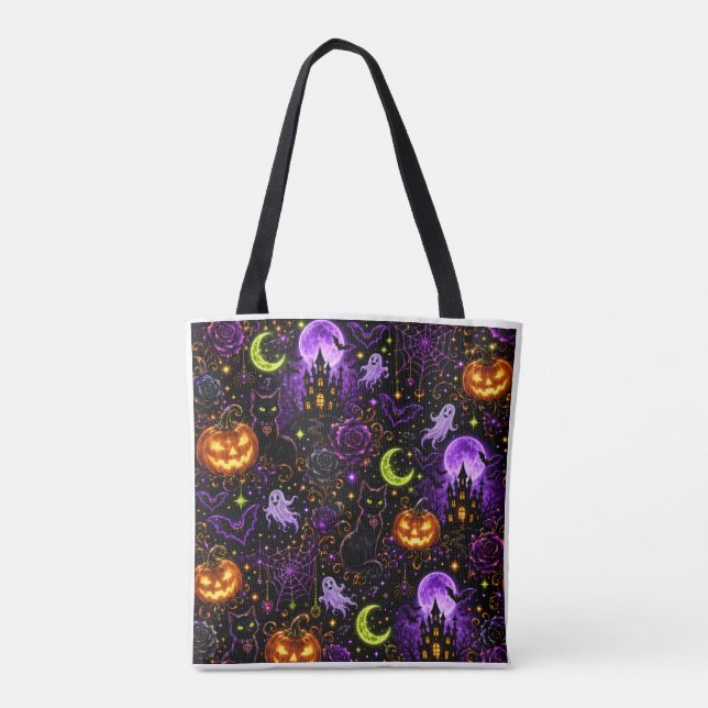 Neon Halloween Black Cat and Ghost Tote Bag (Verso)