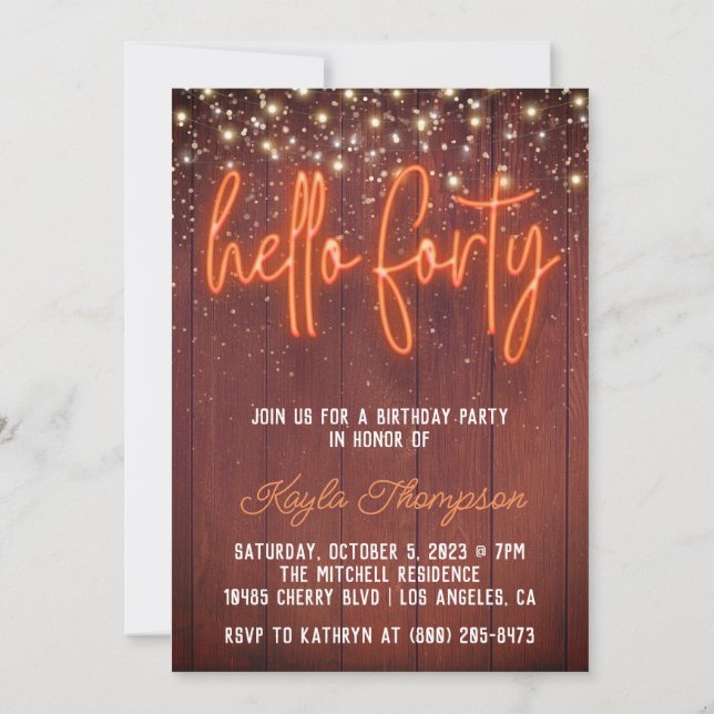 Neon Hello Quarty Wooden Birthday Convite (Verso)