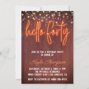 Neon Hello Quarty Wooden Birthday Convite