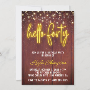 Neon Hello Quarty Wooden Birthday Convite